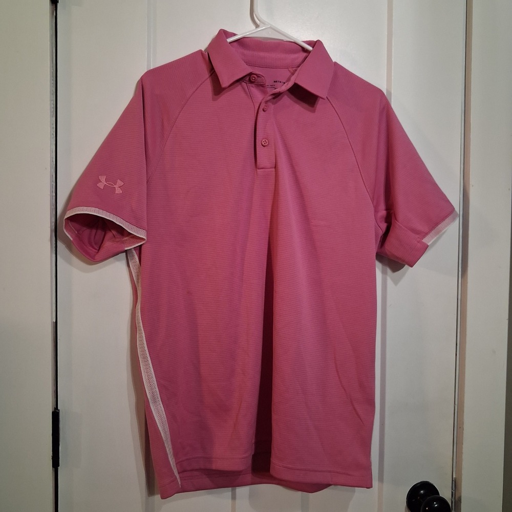 Under Armour Polo Shirt Mens M Pink HeatGear Mesh Trim Active Golf Sportswear